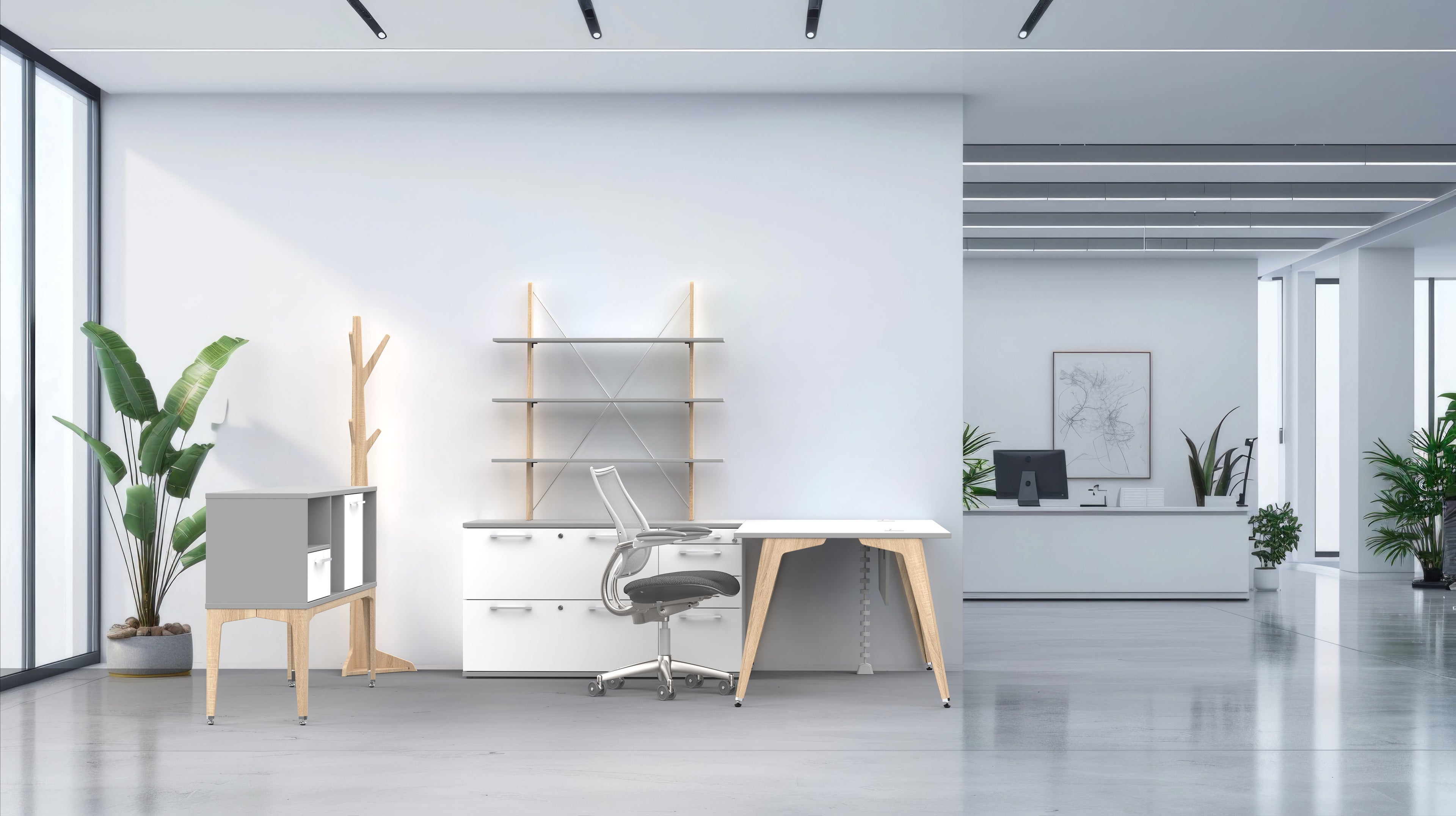 Modern office workspace featuring a desk with timber accents and ply legs, alongside a white chair, in a bright and spacious area with plants and minimalist decor.