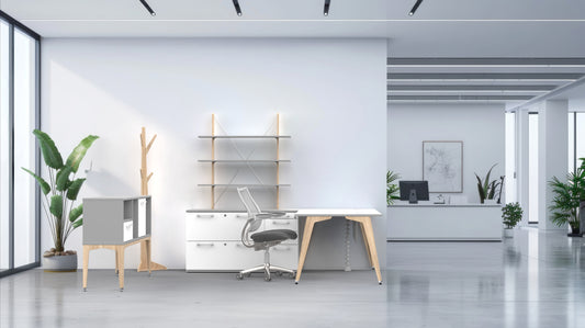 Modern office workspace featuring a desk with timber accents and ply legs, alongside a white chair, in a bright and spacious area with plants and minimalist decor.