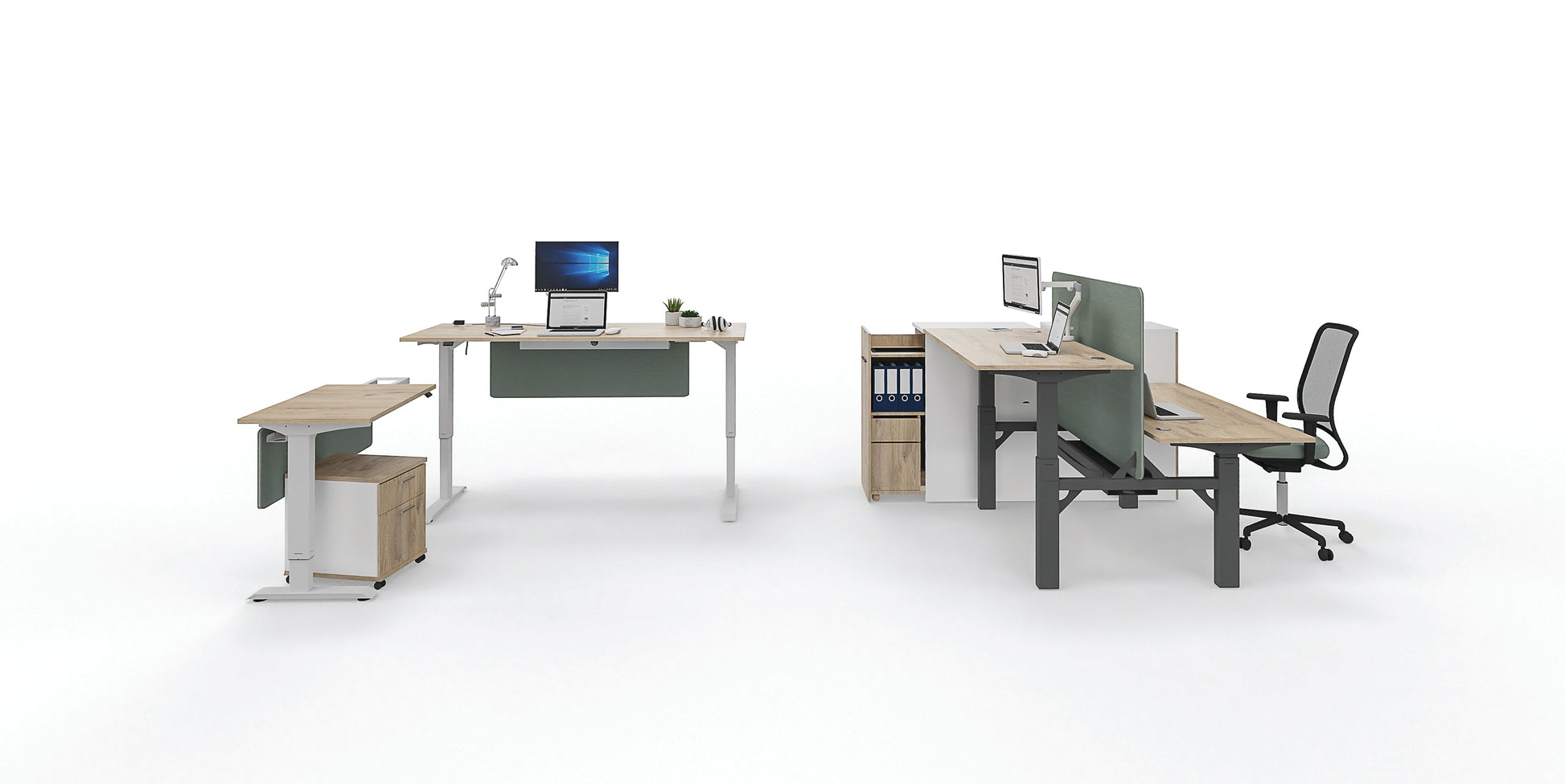 Modern office desk setup with chairs and computer monitors on a white background