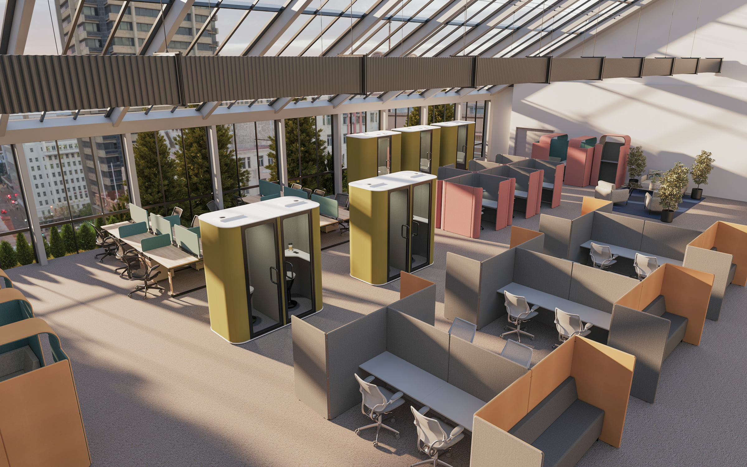 Modern office layout with workstations and greenery on a rooftop.