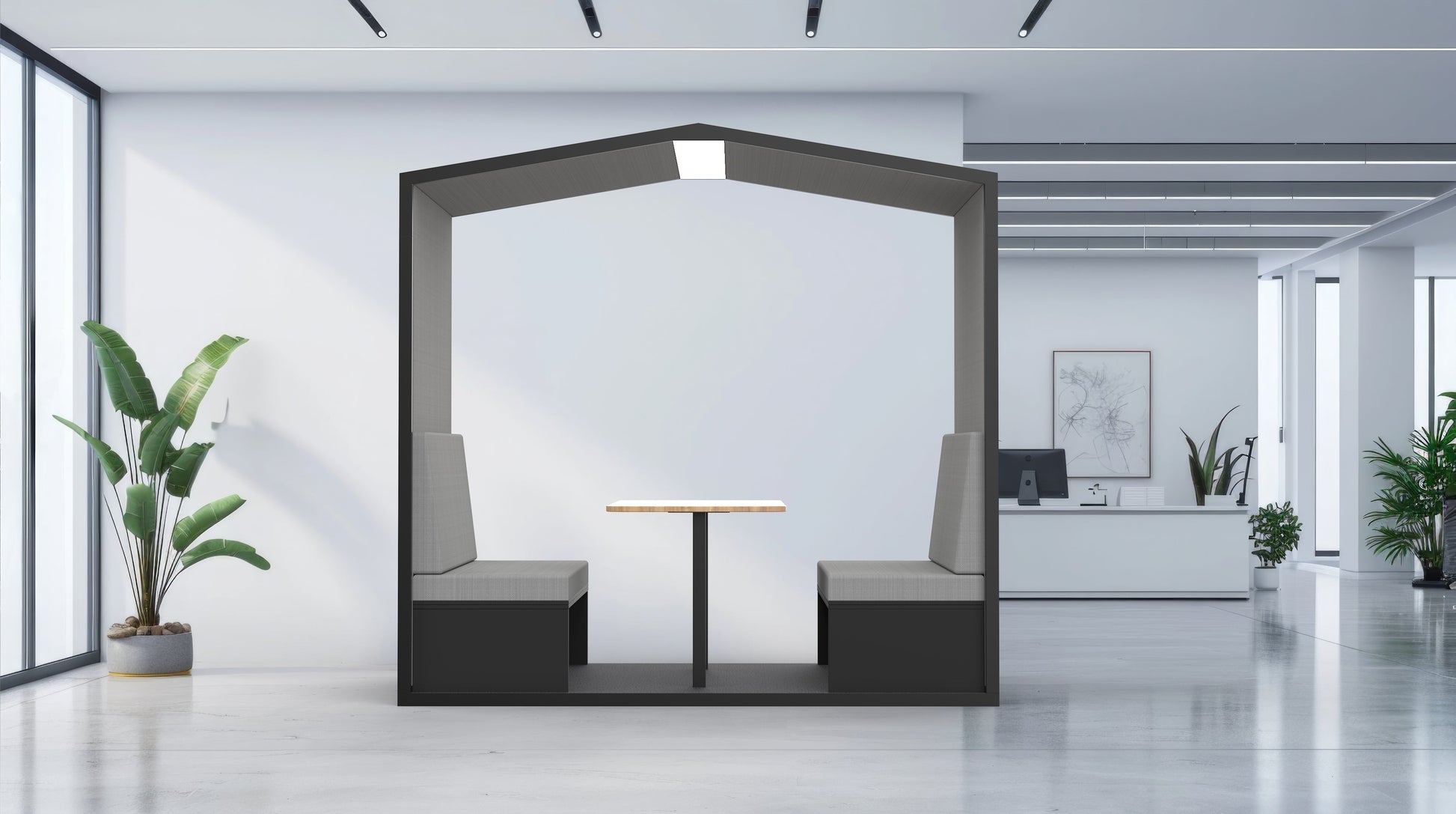 Modern office interior with a hexagonal partition, table, and chairs.