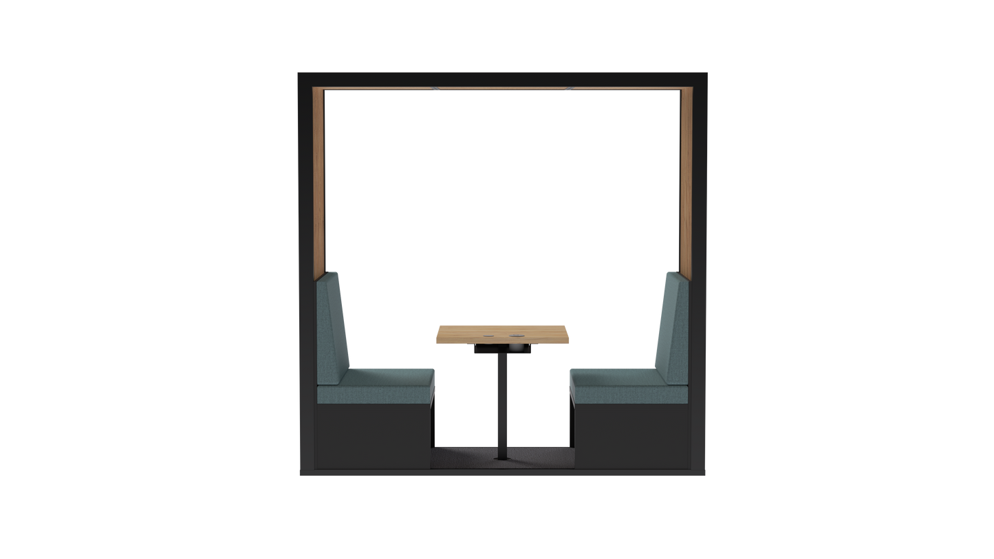 A modern booth seating area with two dark gray upholstered chairs facing a small square light wood table, set within a black-framed alcove on a white background.