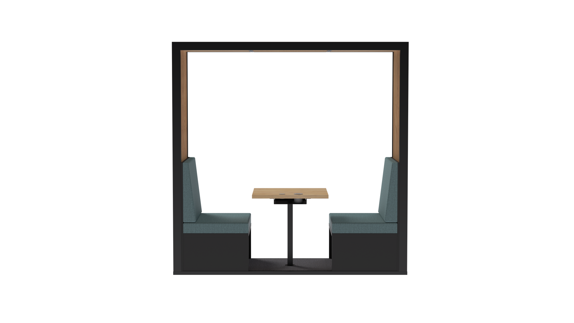 A modern booth seating area with two dark gray upholstered chairs facing a small square light wood table, set within a black-framed alcove on a white background.